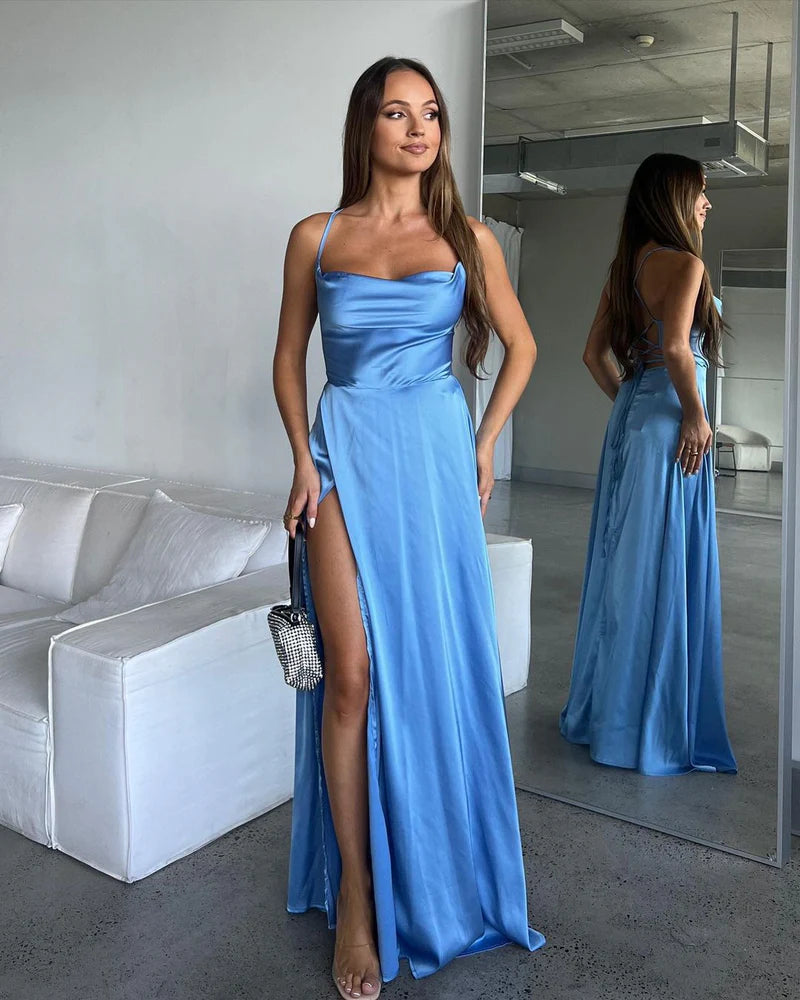 A Line Cowl Neck Blue Silk Saitn Bridesmaid Dresses with Slit