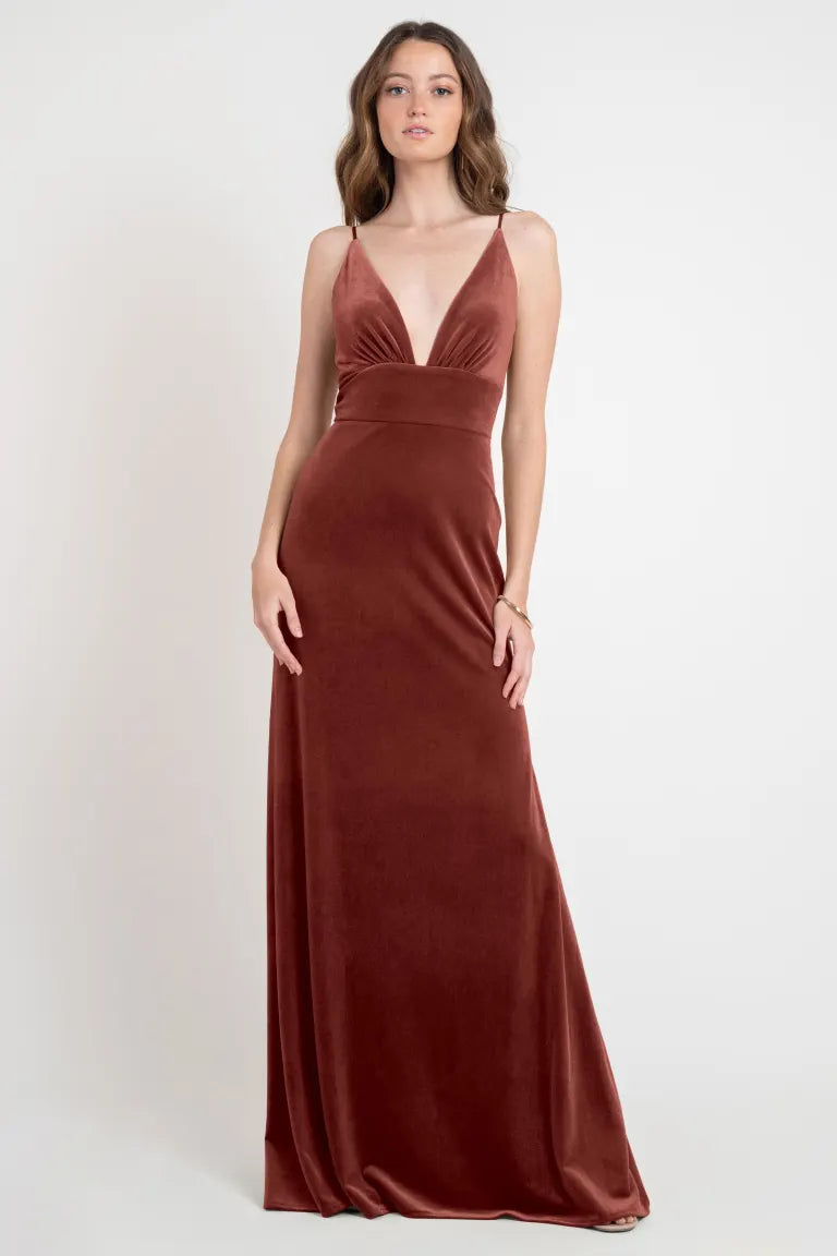 A-Line Deep V-Neck Floor-length Backless Velvet Bridesmaid Dresses Evening Dresses