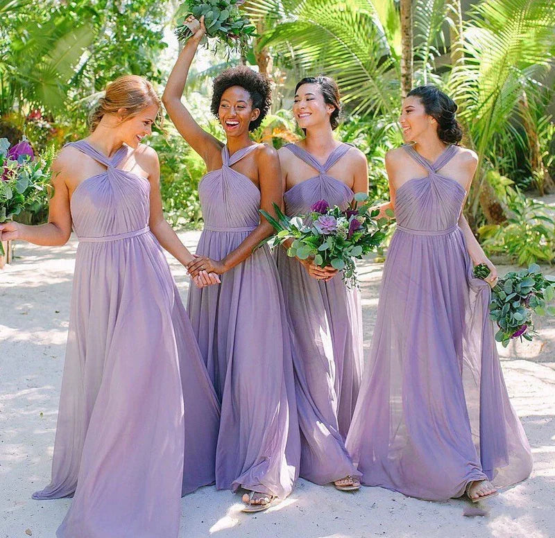 A Line Lavender Chiffon Pleats Long Bridesmaid Dresses