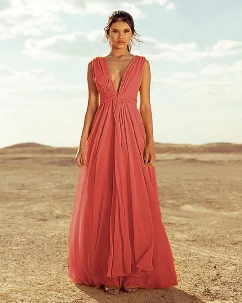 A-Line  Long Plunging Neckline Chiffon Bridesmaid Dresses