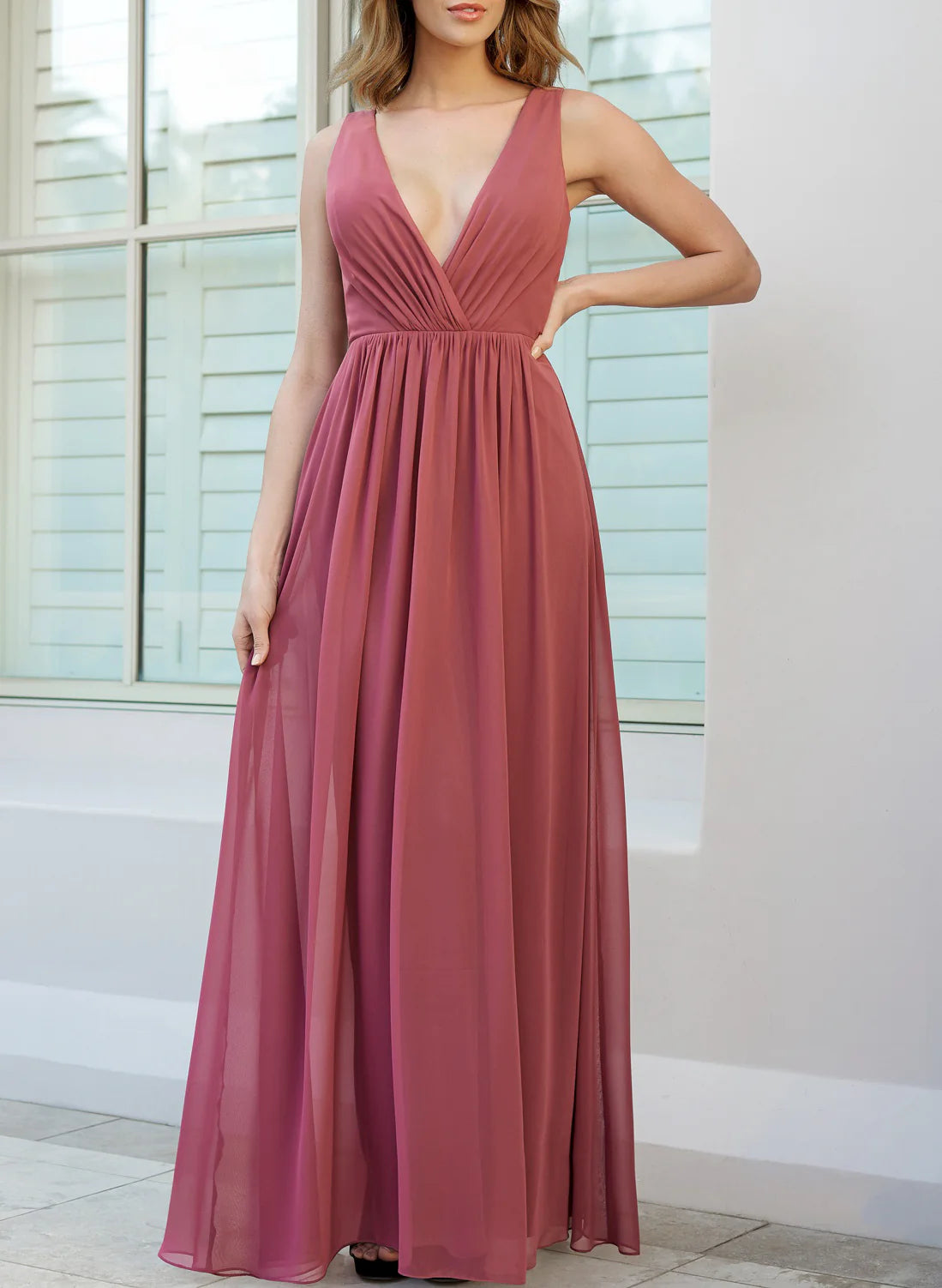 A-Line/Princess Deep V-Neck Chiffon Floor-length Long Bridesmaid Dresses