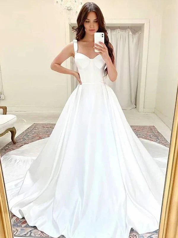 A-Line/Princess Satin Ruffles Straps Sleeveless Court Train Wedding Dresses