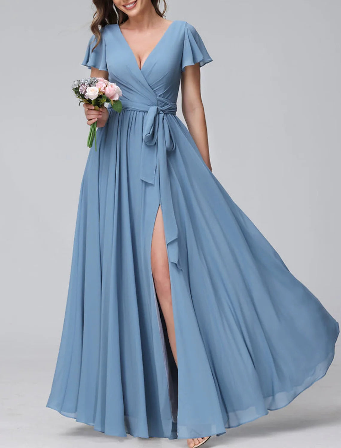 A-Line/Princess V-Neck Floor-length Long Bridesmaid Dresses With Slit