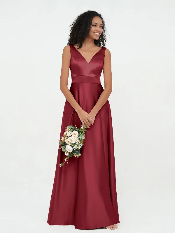 A-Line Princess V-neck Satin Max Dresses Bridesmaid Dresses with Pockets-Burgundy