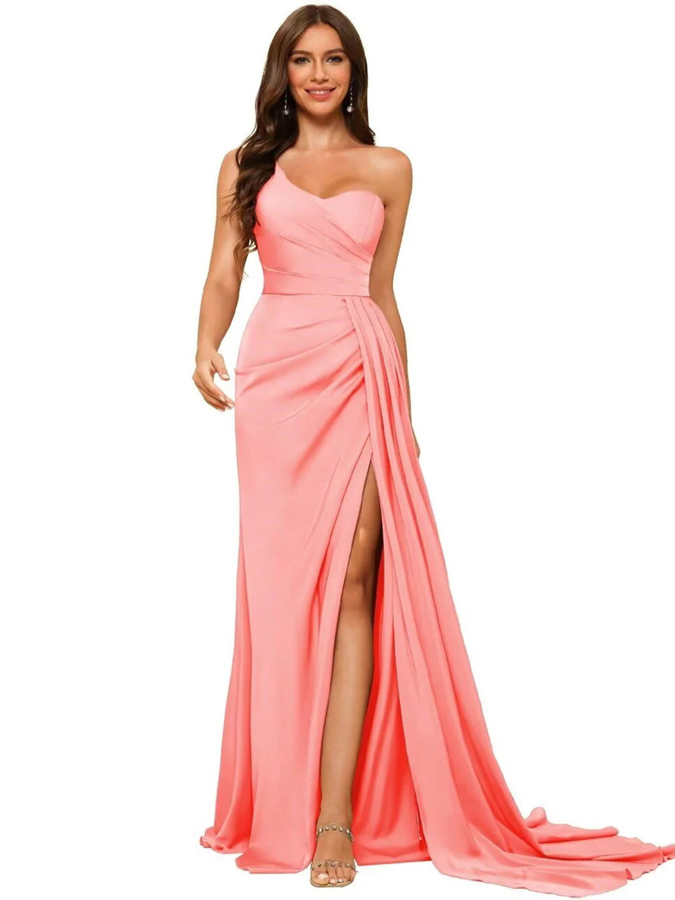 A Line Satin One-shoulder Sleeveless Floor-Length Bridesmaid Dresses With Slit