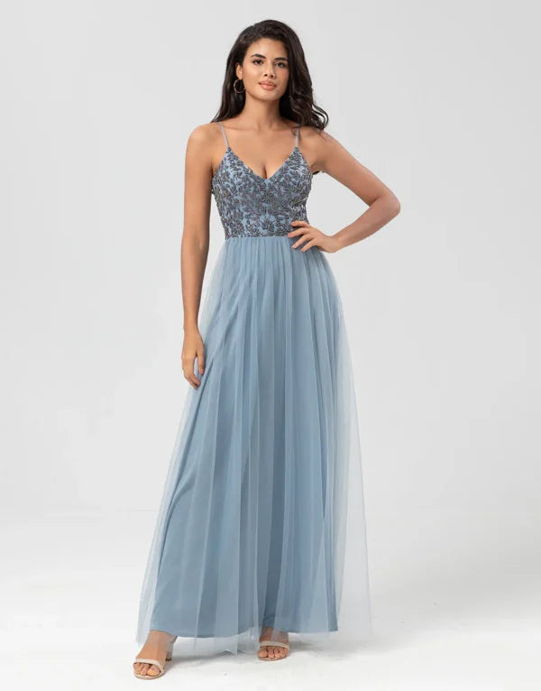 A Line Spaghetti Straps Dusty Blue Long with Beading Bridesmaid Dress