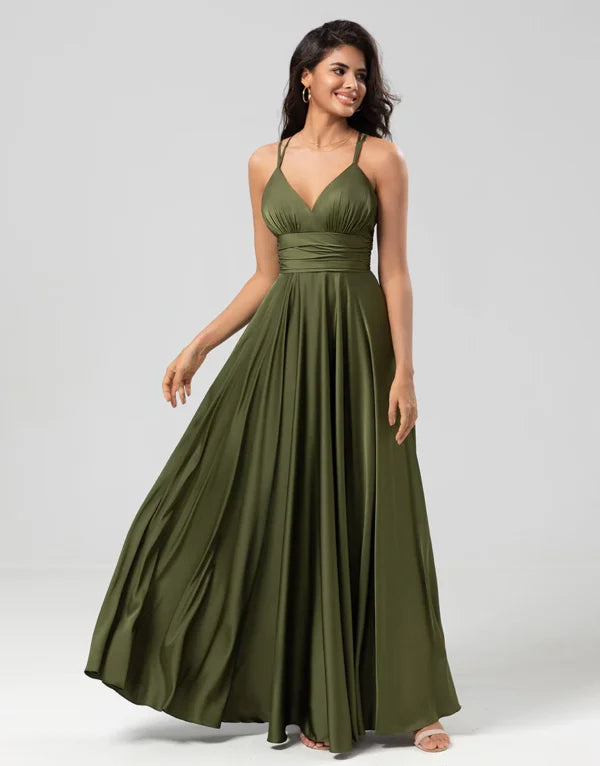 A Line Spaghetti Straps Olive Long with Ruffles Bridesmaid Dress