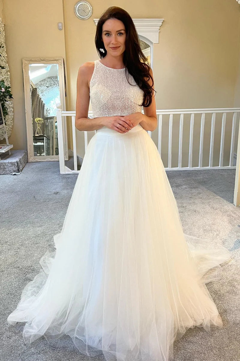 A-Line Two-Piece White Beaded A-Line Long Wedding Dress