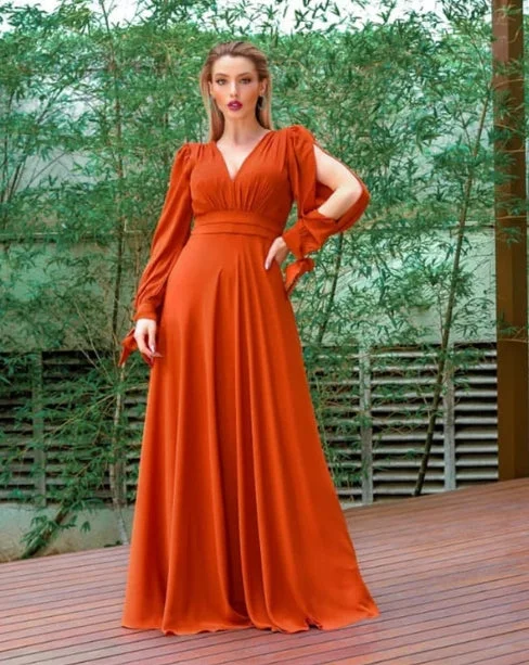 A-Line V-Neck Burnt Orange Bridesmaid Dresses Cold Sleeves Floor-length Dress