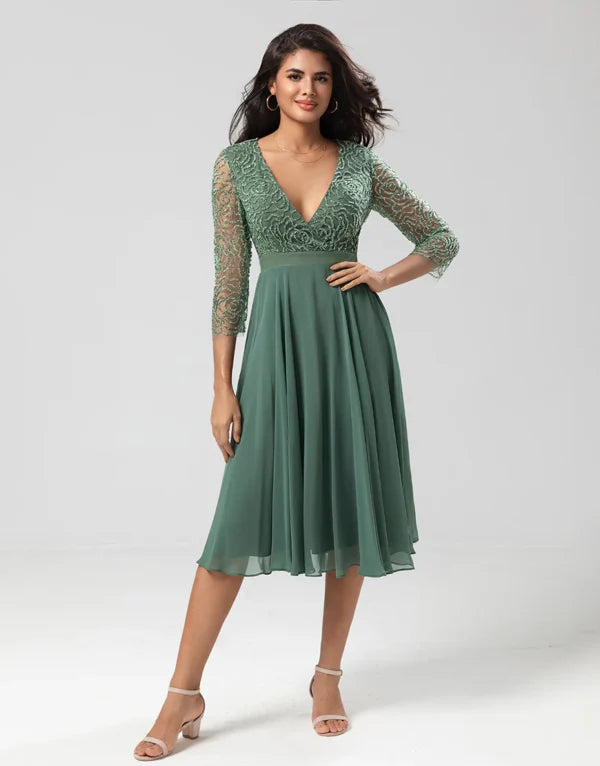 A Line V-Neck Eucalyptus with Long Sleeves Bridesmaid Dress