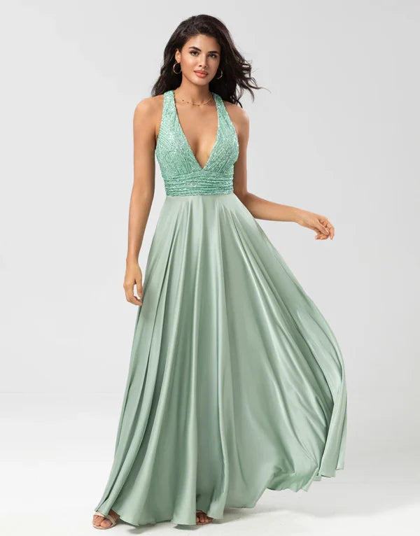 A Line V-Neck Long Bridesmaid Dress with Beading