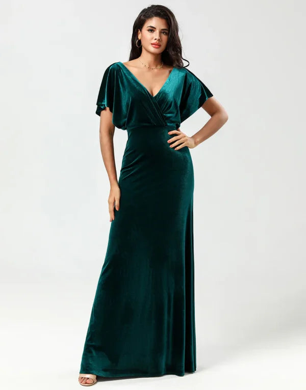 A Line V-Neck Peacock Velvet with Ruffles Bridesmaid Dress