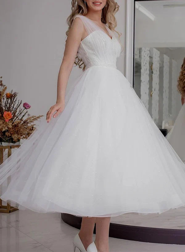 A-line V-neck sleeveless sequin and ankle sheer wedding dress