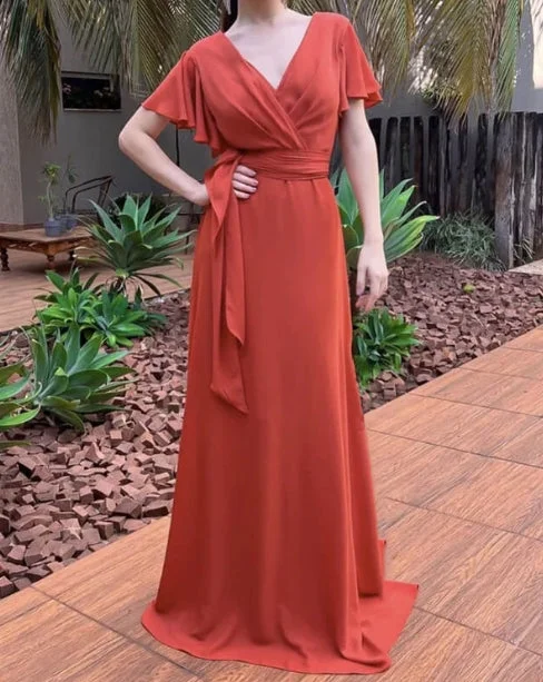 A-Line V-Neck Terracotta Chiffon Bridesmaid Dresses With Sleeve