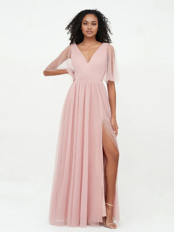 A-line V-neck Tulle Max Dresses with Deep-V Back-Dusty Rose Bridesmaid Dresses