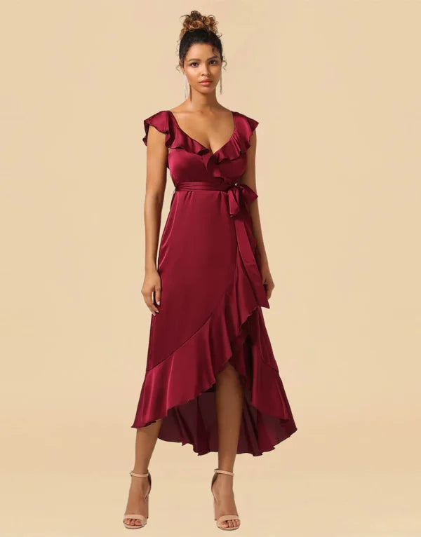 Asymmetrical Burgundy Satin With Ruffle Bridesmaid Dress