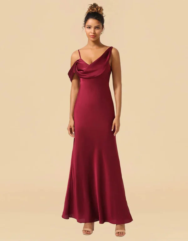 Asymmetrical Shoulder Straps Floor Length Satin Bridesmaid Dress