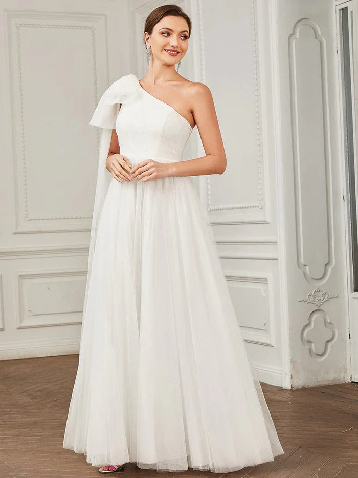 Asymmetrical Tie Sleeve Cinched Waist Layered Tulle A-line Wedding Dress