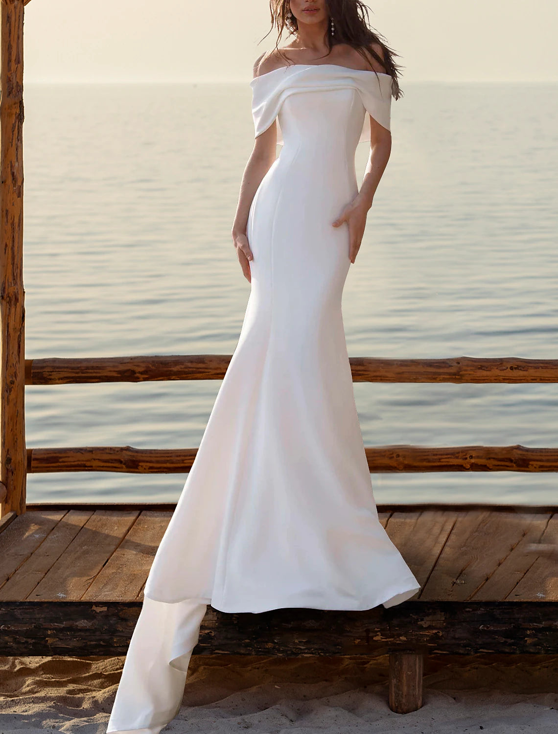 Beach Simple Wedding Dresses Mermaid / Trumpet Off Shoulder Cap Sleeve Court Train Satin Bridal Gowns With Ruched