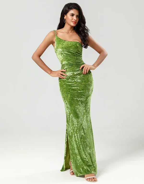 Bridesmaid Dress Mermaid One Shoulder Olive Velvet