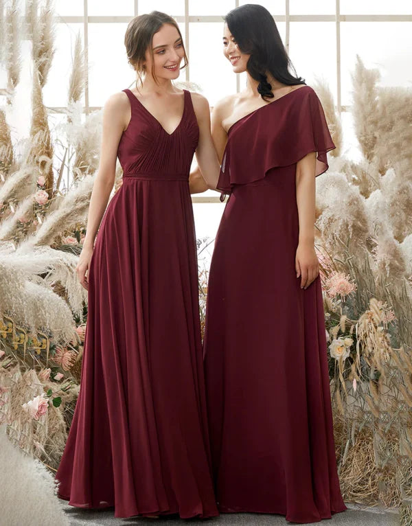 Bridesmaid Dress One Shoulder Burgundy Chiffon