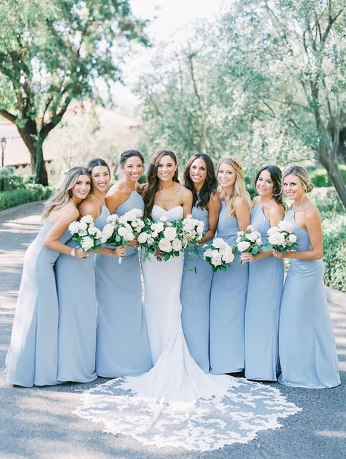 Charming A-Line Halter Sky Blue Chiffon Long Bridesmaid Dresses