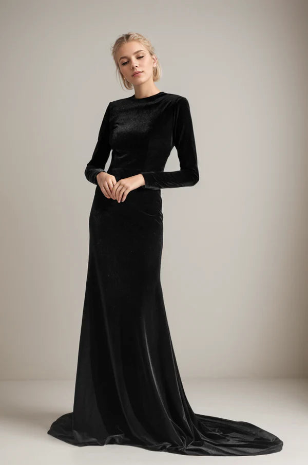 Elegant Long sleeves Boat Neck crisscross Back Velvet Dress with Train