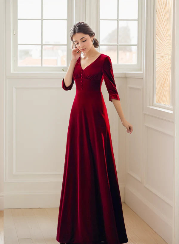 Elegant Long V-neck heart-shape bow-tied back A-line Velvet Dress