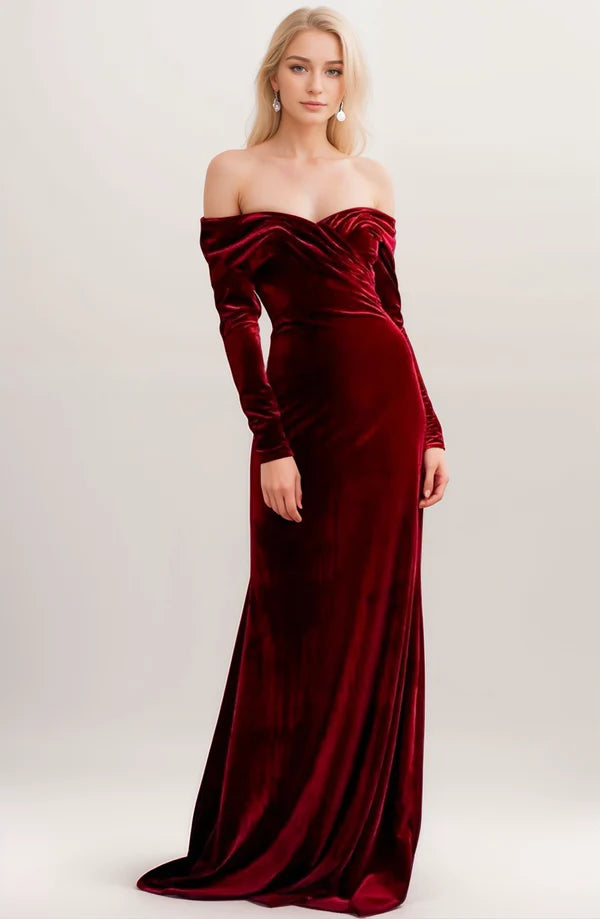 Elegant Off-the-shoulder Ruched neckline Long Sleeves fit and flare Velvet Prom Dress