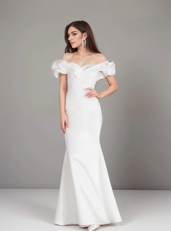 Elegant ruffled off the shoulder trumpet Italy silky satin simple wedding dress little white dress