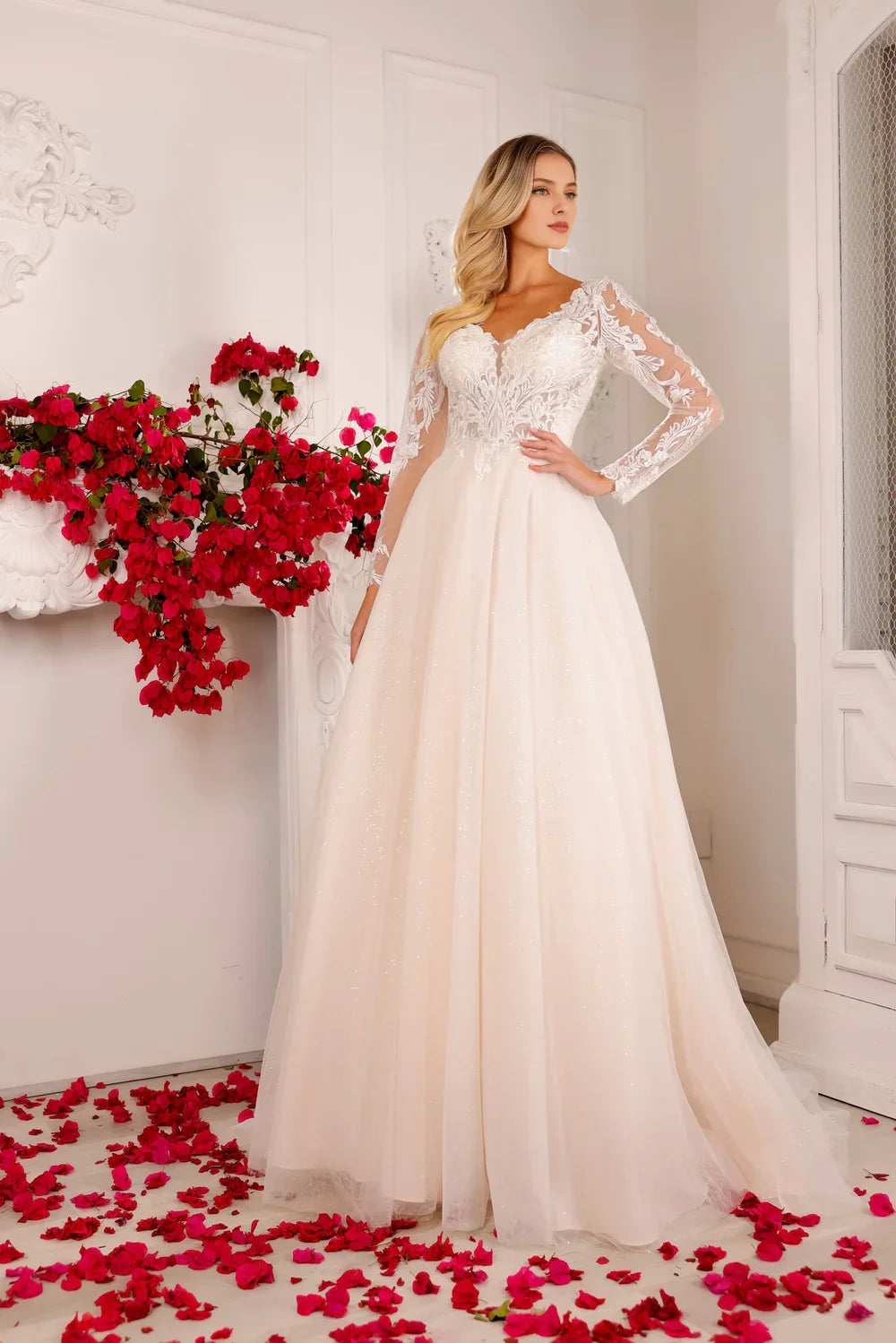 Embroidered applique long sleeved chiffon wedding dress