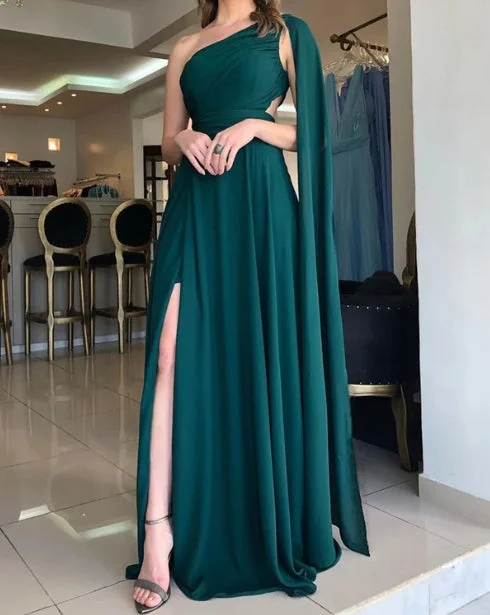 Emerald Green Chiffon Bridesmaid Dresses Wedding Guest Party Dresses One Shoulder With Slit