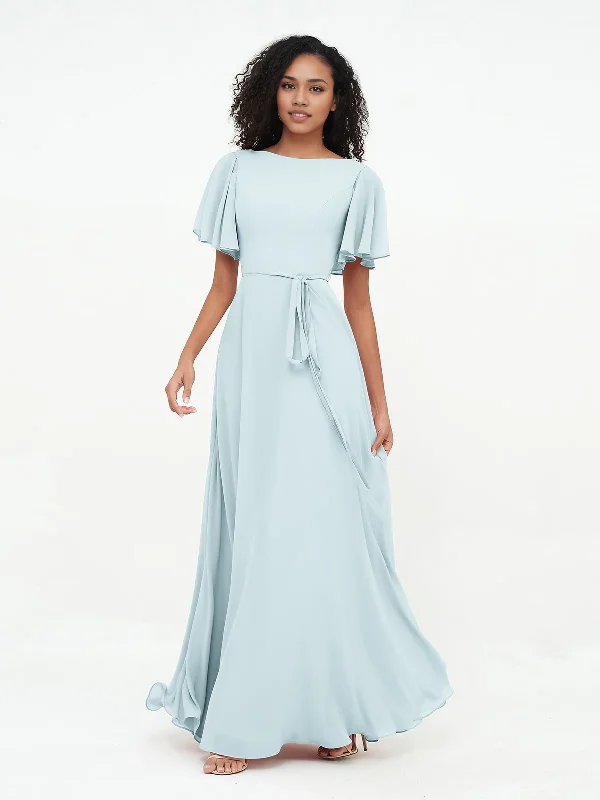 Flutter Sleeves Chiffon Max Dresses Floor-length Bridesmaid Dresses with Sash Bow