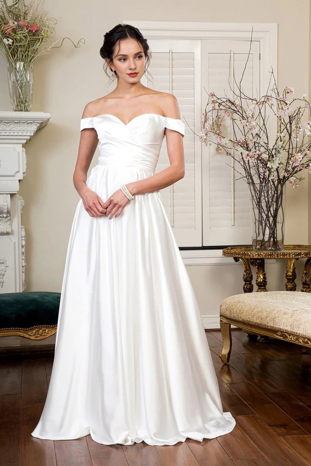 Long off shoulder satin wedding dress