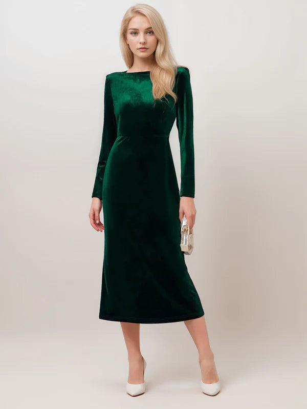 Long sleeves Boat Neck Draped crisscross Back Velvet Dress