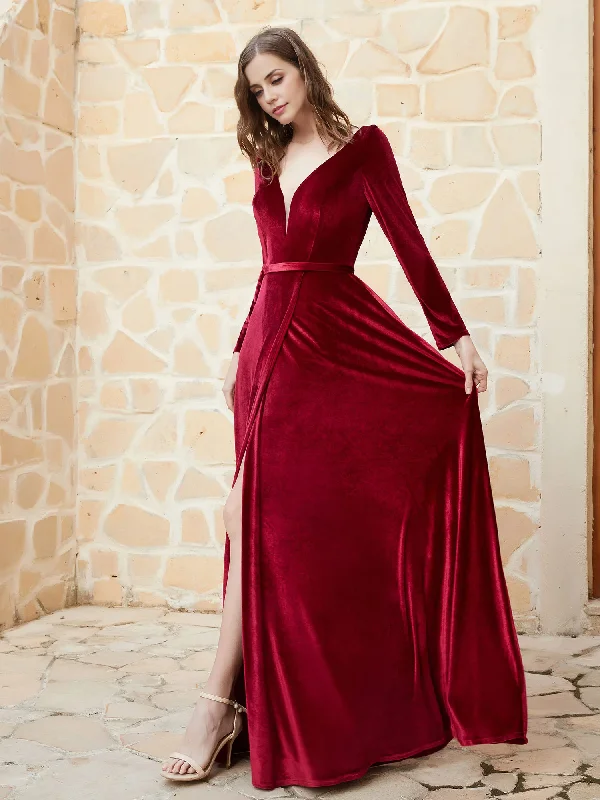 Long Sleeves Plunging V-Neck Velvet Dress Floor-length Bridesmaid Dresses With Slit Burgundy