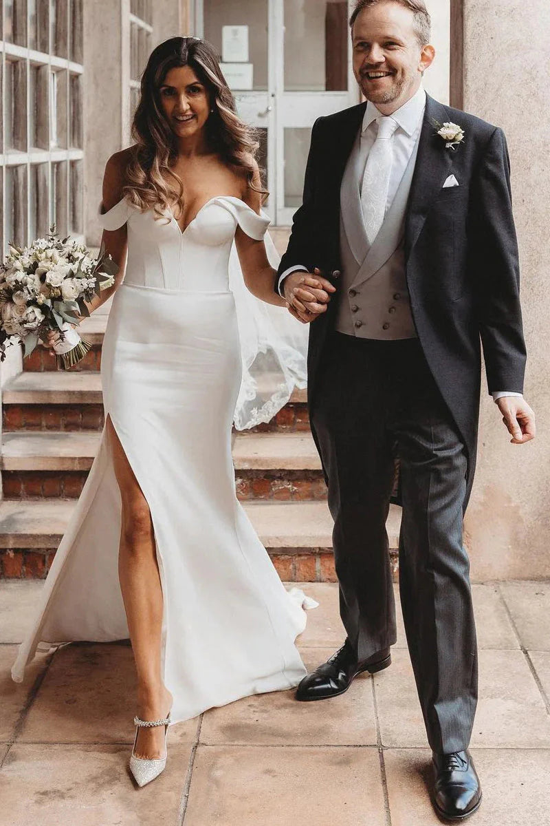 Mermaid Satin Wedding Dresses Off the Shoulder with Slit