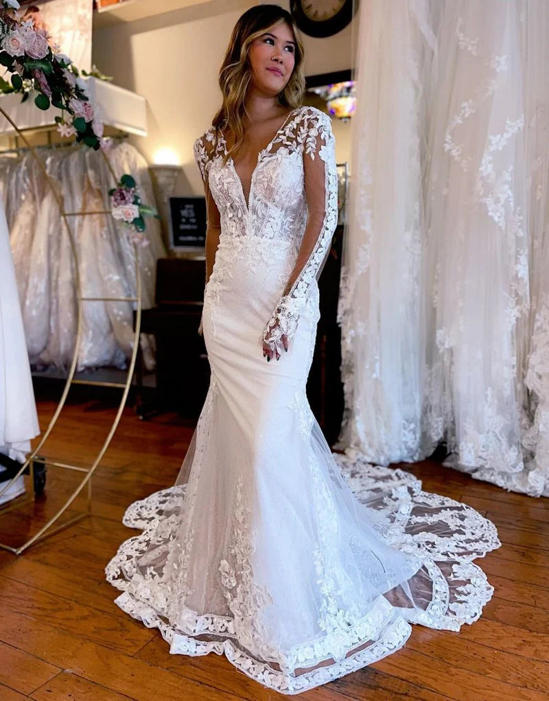 Mermaid V-Neck Removable Long Sleeves Wedding Dress With Appliques