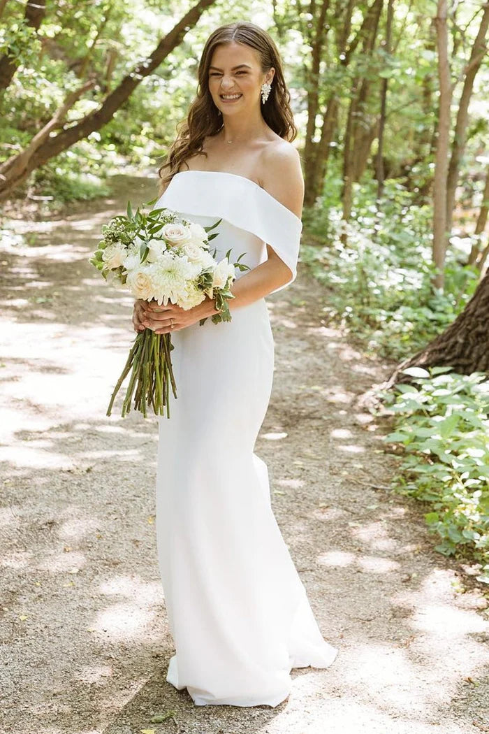 Mermaid White Off-the-Shoulder Chiffon Long Wedding Dress