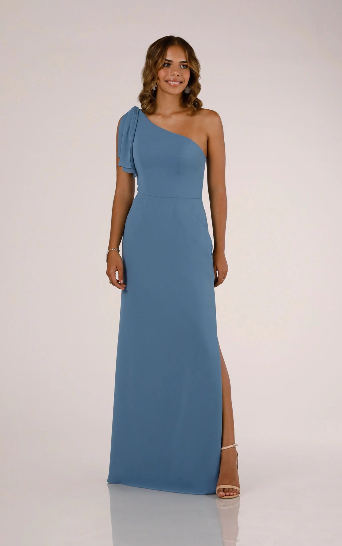 One-Shoulder Bridesmaid Dress with Skirt Slit and Detachable Accent Strap