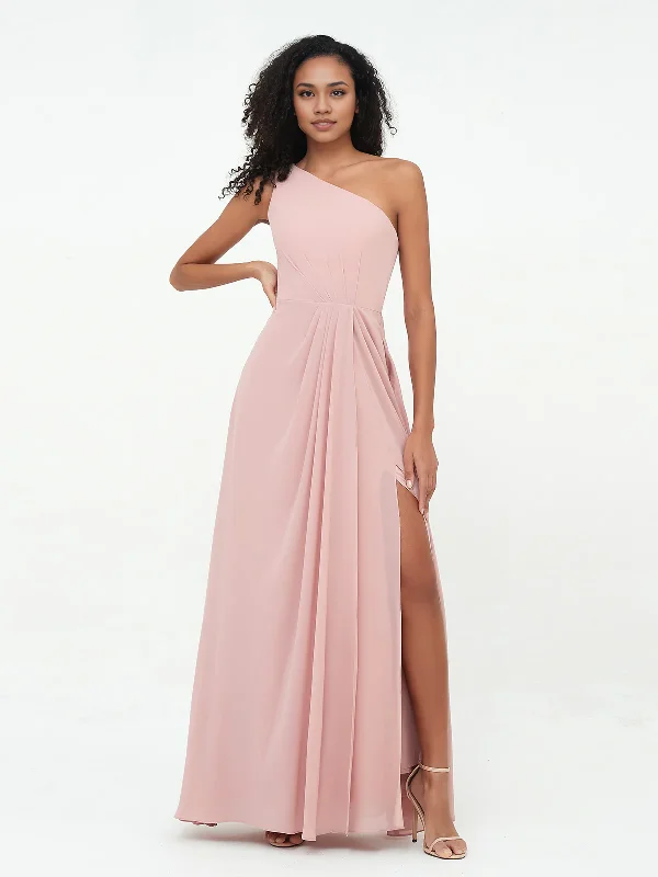 One-Shoulder Chiffon Max Dresses with Slit-Dusty Rose Chiffon Bridesmaid Dresses