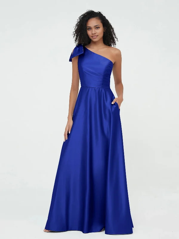 One-Shoulder A-Line Long Satin Dresses Bridesmaid Dress with Pockets-Royal Blue