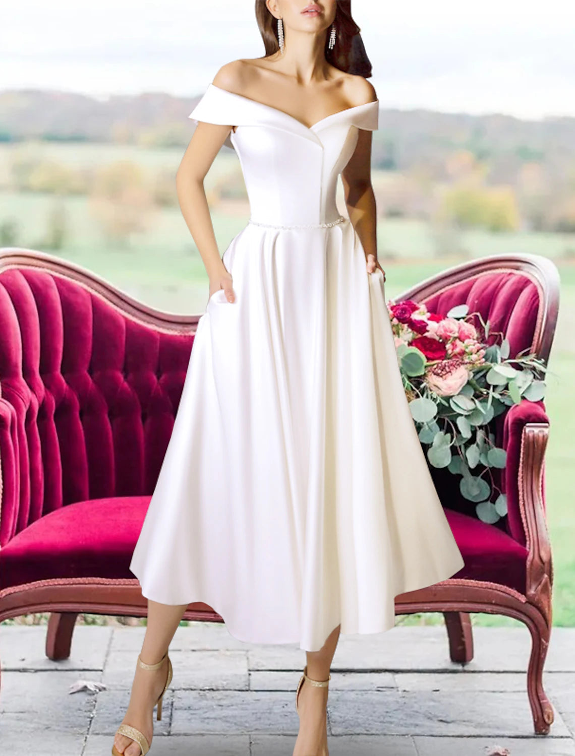 Reception Little White Dresses Wedding Dresses A-Line Off Shoulder Cap Sleeve Tea Length Satin Bridal Gowns With Sashes / Ribbons