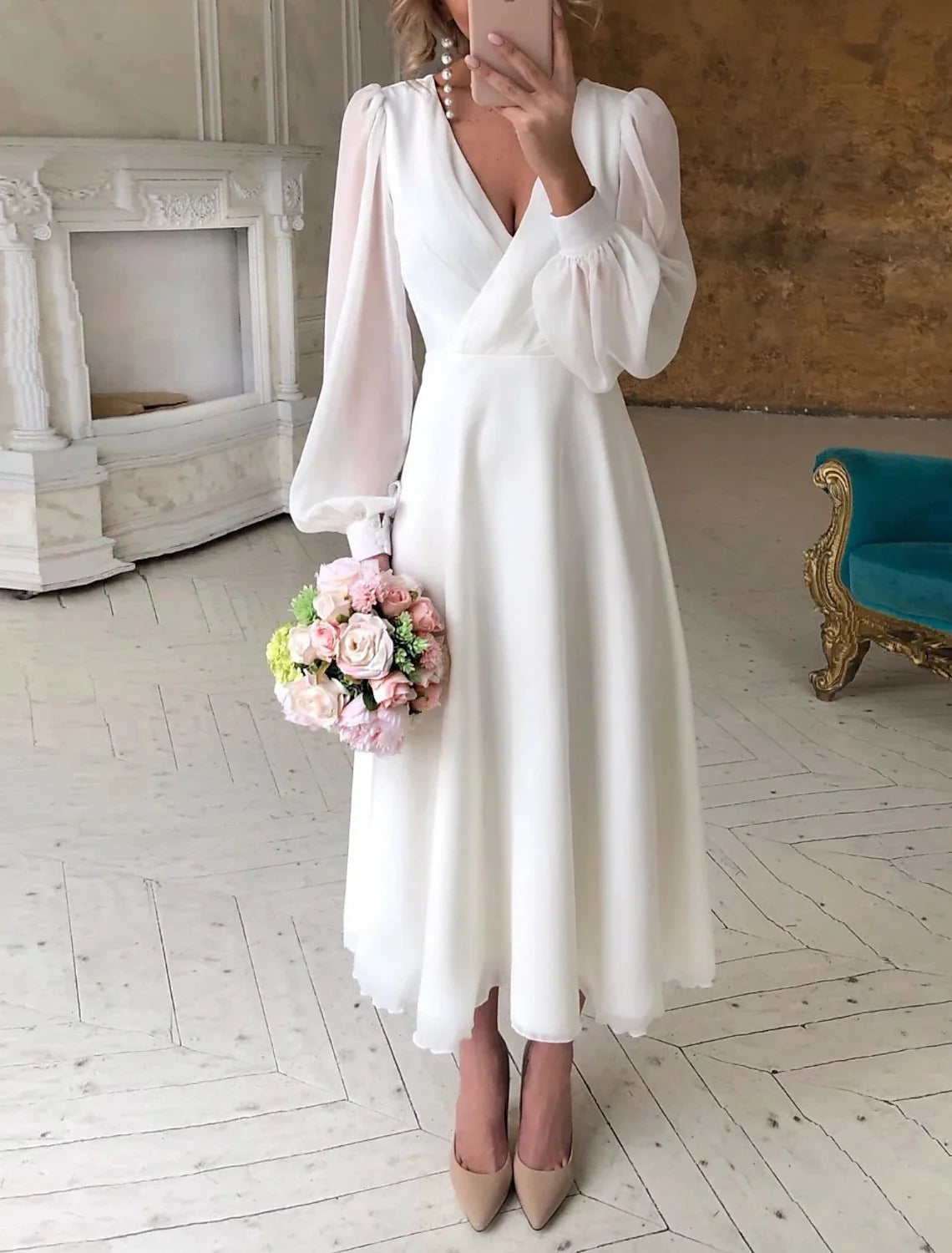 Reception Little White Dresses Wedding Dresses A-Line V Neck Long Sleeve Ankle Length Chiffon Bridal Gowns With Solid Color