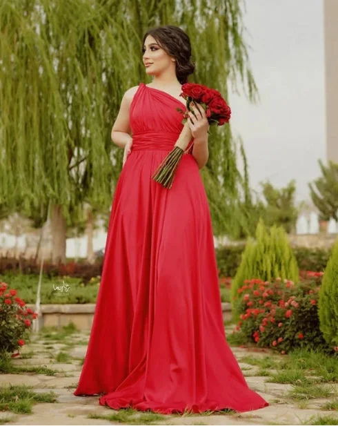 Red Bridesmaid Dresses One Shoulder Floor Length Prom Dresses