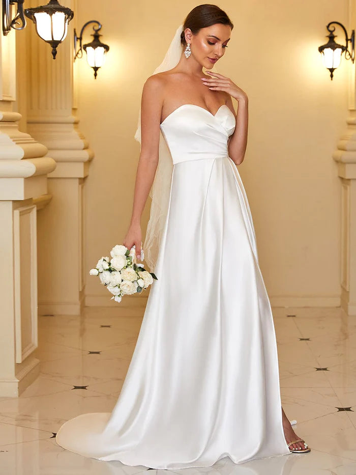 Satin Pleated Sweetheart Sleeveless Front Slit Wedding Dress