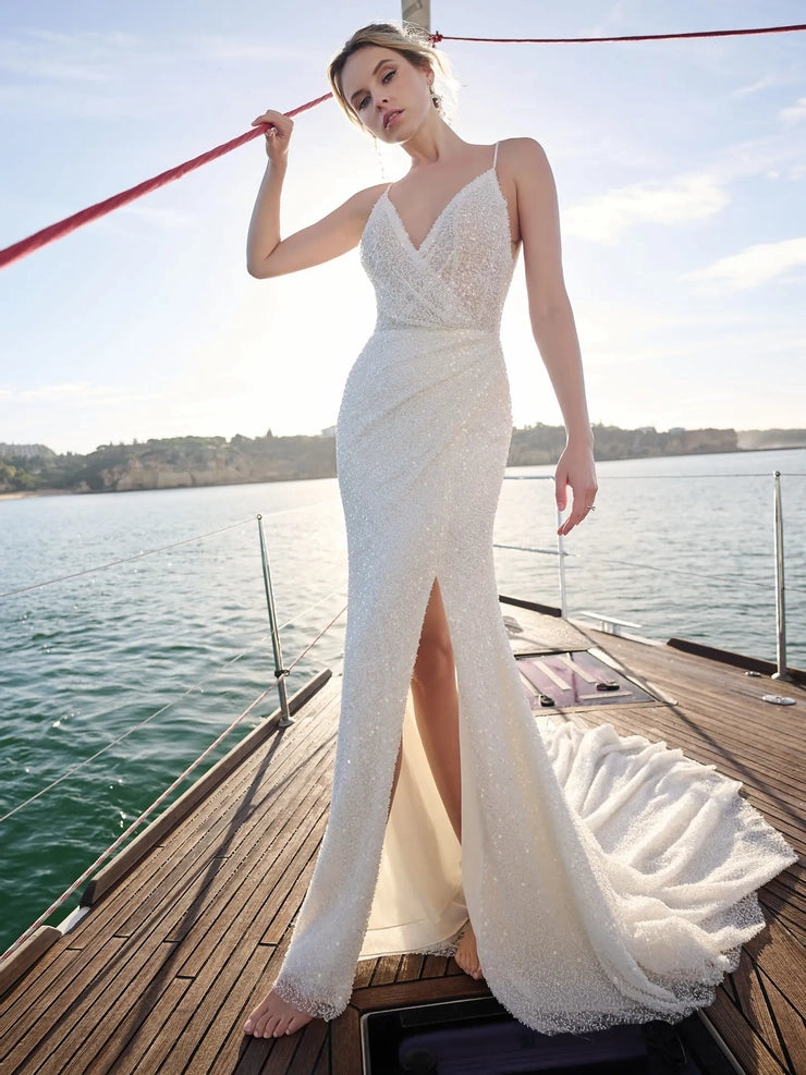 Sexy beaded wedding gown with a plunging V-neck