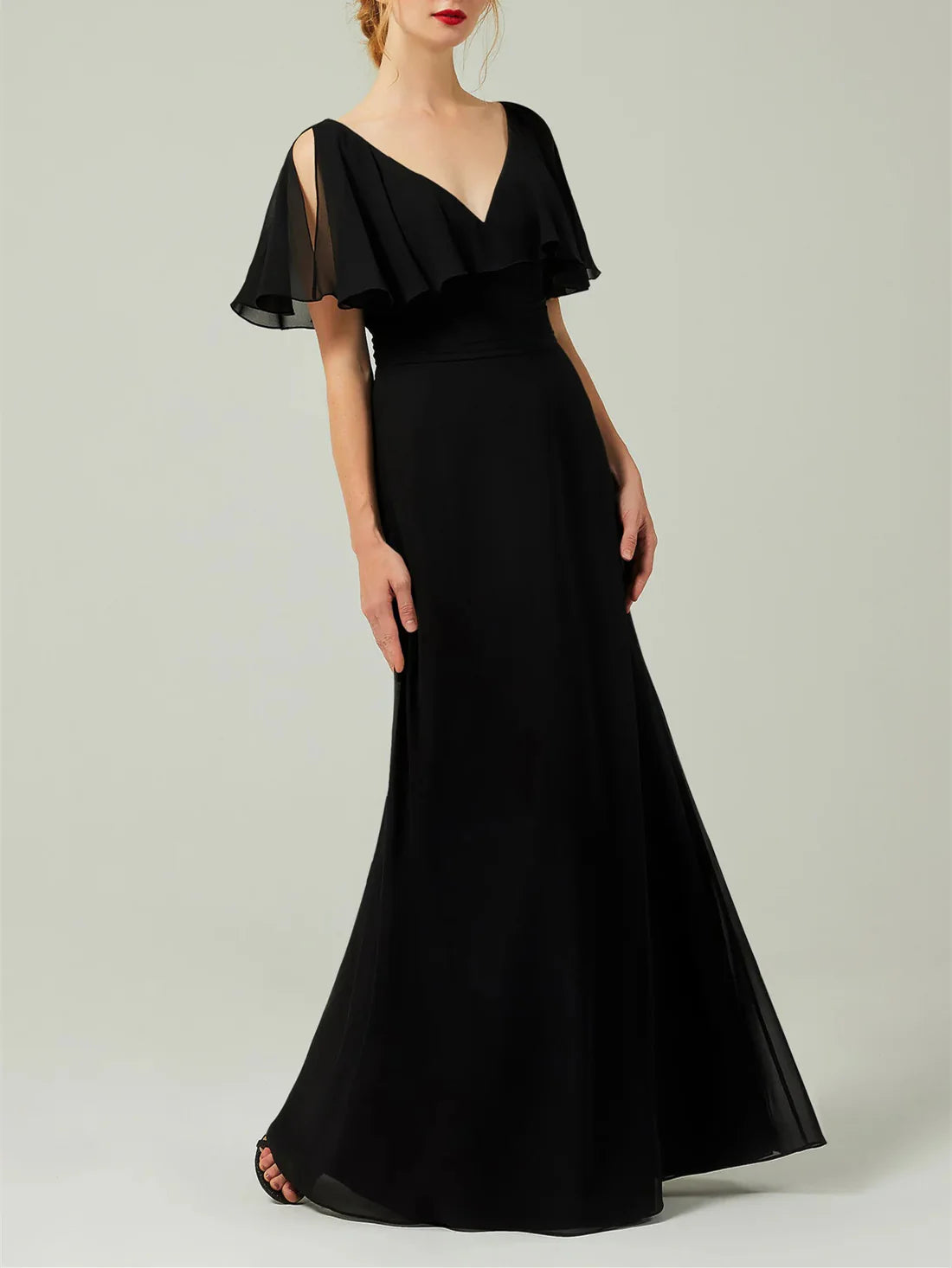 Sheath/Column Short Sleeves V-Neck Chiffon Floor-Length Wedding Guest Dresses