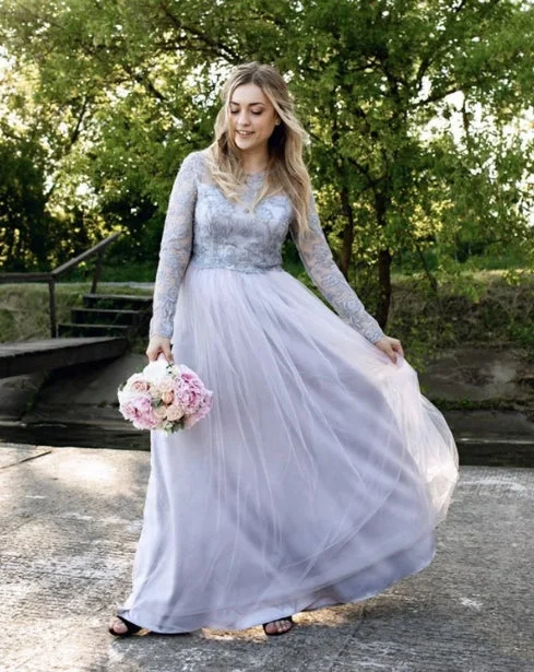 Silver Bridesmaid Dresses Long Sleeves Lace Floor-length Dresses