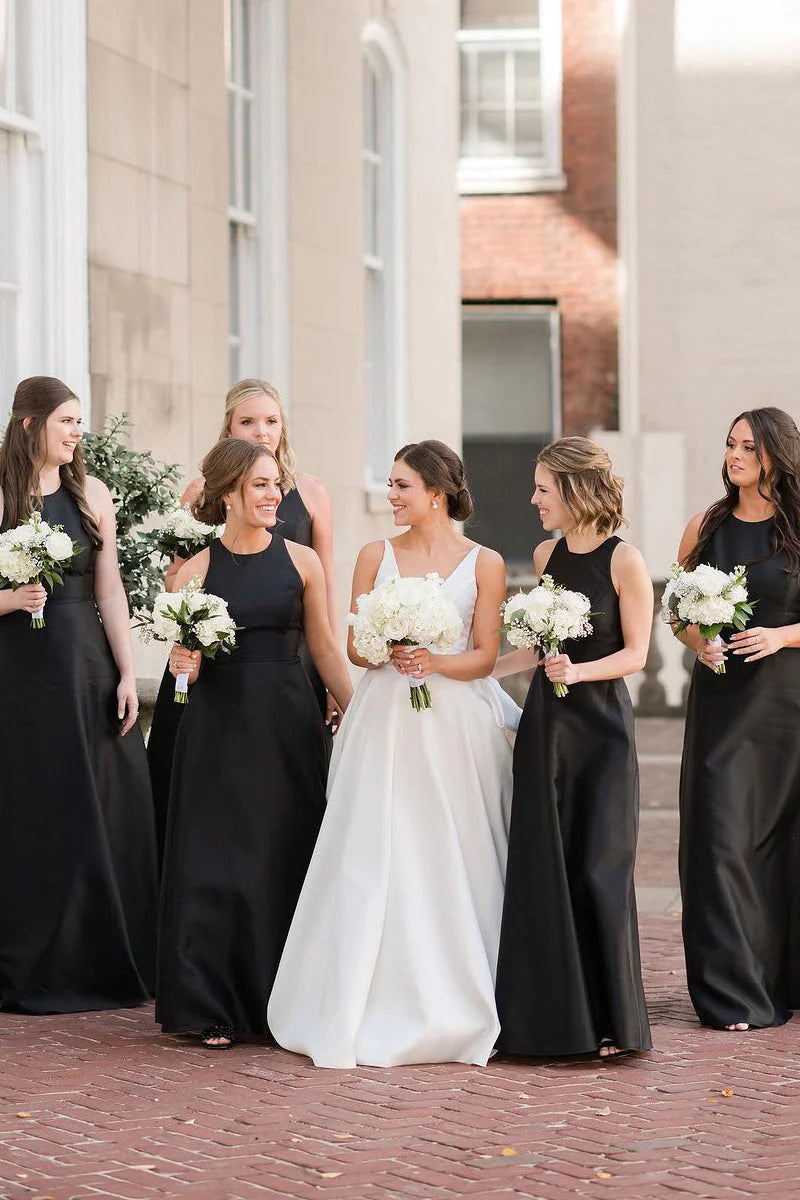 Simple A-Line Round Neck Black Satin Long Bridesmaid Dresses